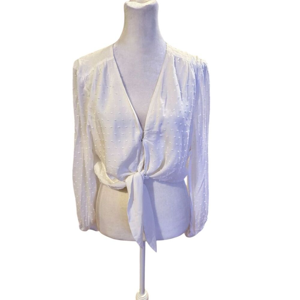 BCBGeneration Women's Sheer Polka Dot Tie-Front Blouse White Size M
